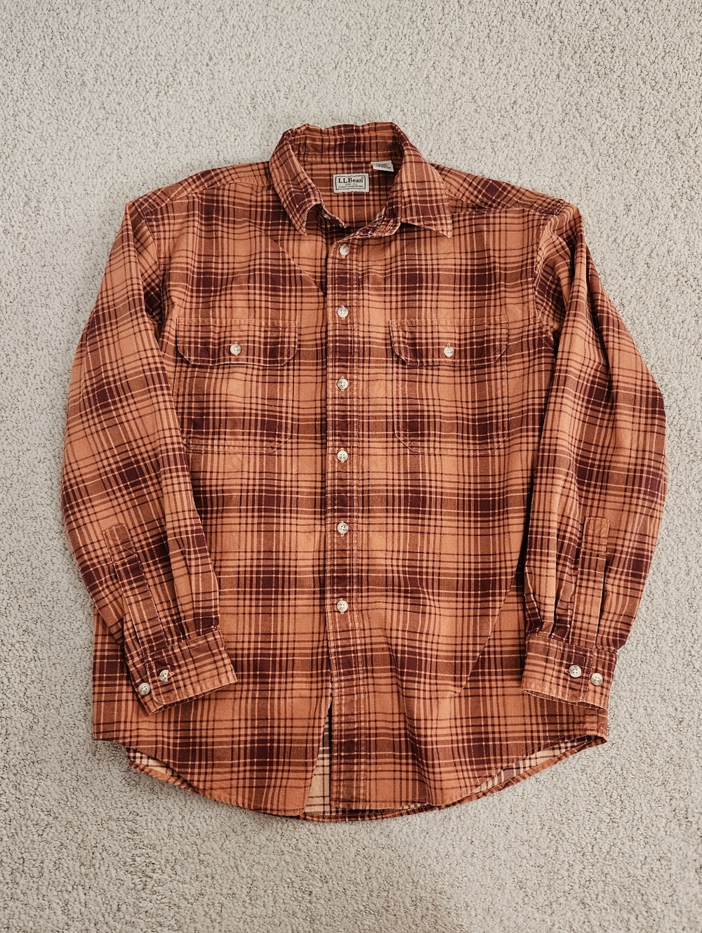 Vintage LL Bean Shirt Plaid Button Up Long Sleeve Orange Textured Mens Medium